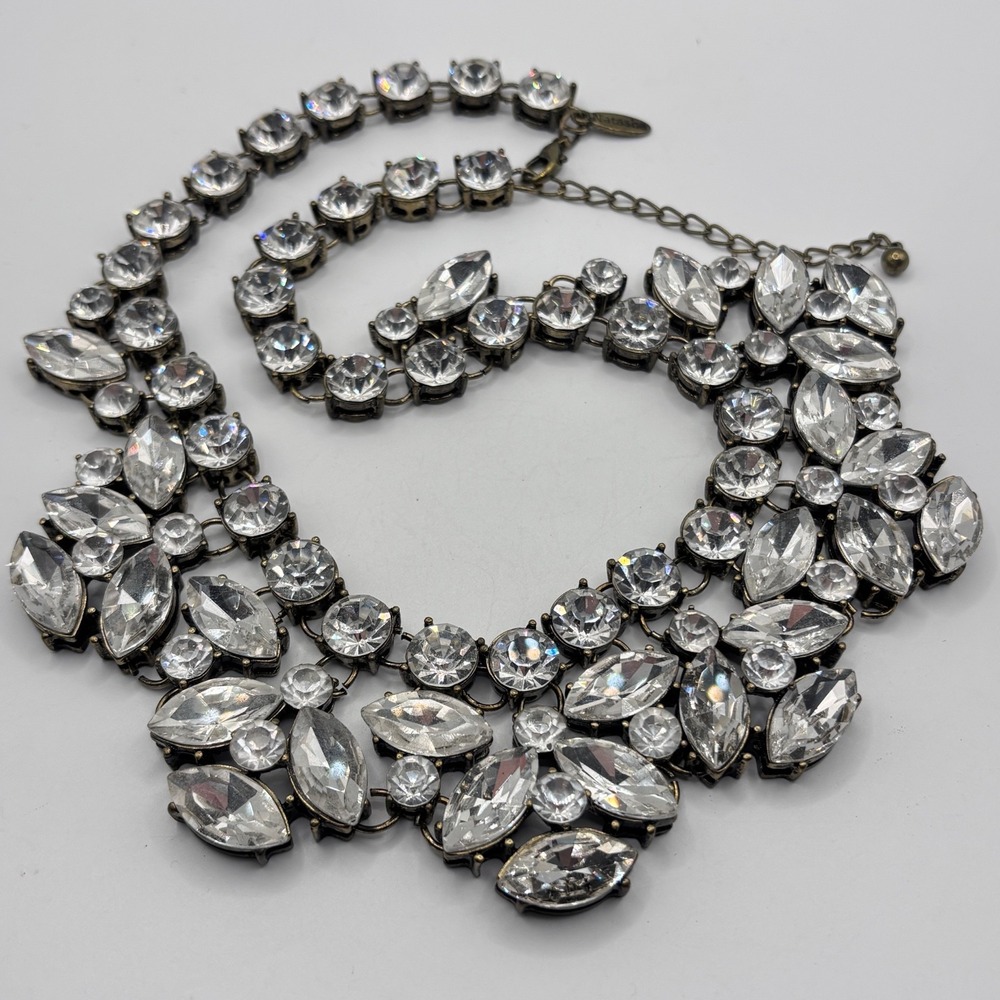 Vintage Natasha Couture Rhinestone‎ Bib Statement Necklace Antique Gold Tone